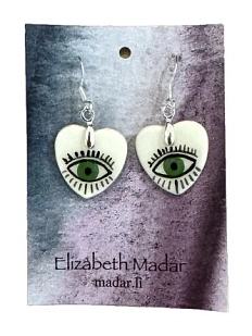 Серьги Elizabeth Madar в форме сердечек с серебряной фурнитурой «Зелёные глаза», керамика