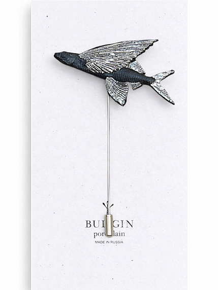 Брошь ручной работы Bulygin «Летучая рыба», фарфор, чёрно-серебристая, фото 1.