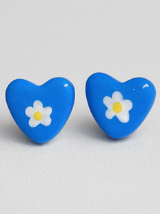Серёжки-гвоздики «Сердечки с цветочком», полимерная глина, синие