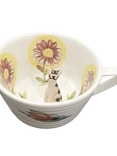 Чашка для чая ручной работы Мадам де Тюль с фигуркой внутри Полосатый кот и подсолнухи, жёлтая, фарфор, 250 мл