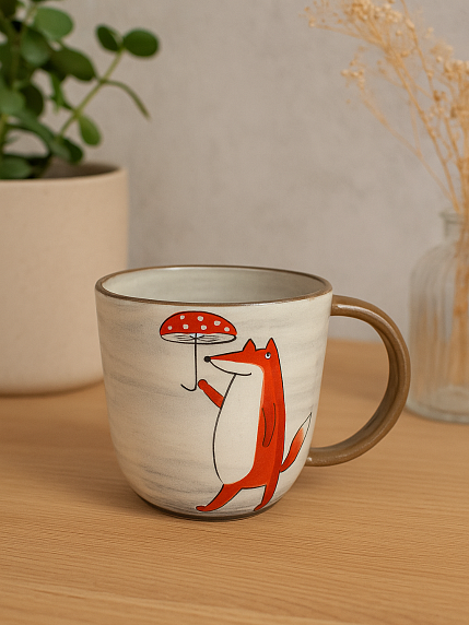 Кружка ручной работы с росписью Лис с зонтиком-мухомором, керамика, 450 мл, фото 3.