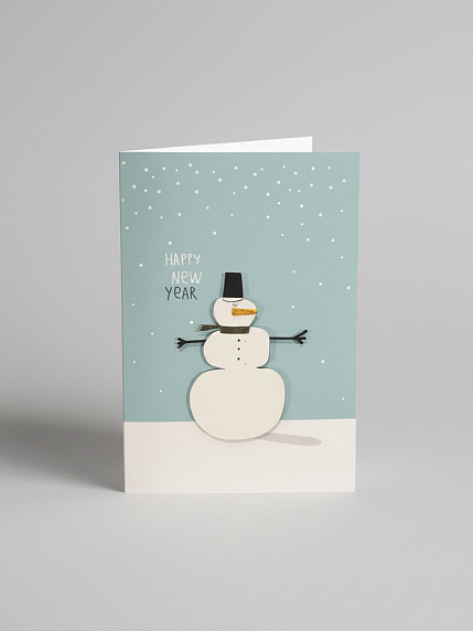 Открытка с деревянными элементами «Happy New Year cо снеговиком», открывающаяся, BOE, фото 1.