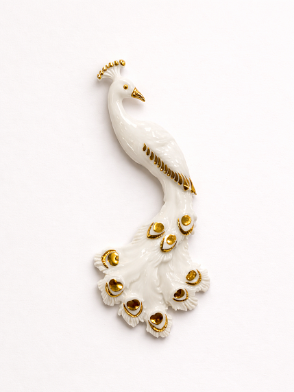 Брошь ручной работы Фарфор Булыгина «Павлин», бело-золотистая, фото 2.
