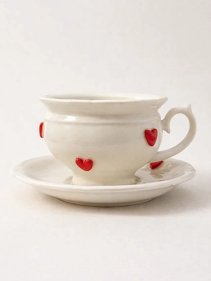 Чайная пара ручной работы Slowday Ceramics в красные сердечки «Винтаж», полуфарфор, 250 мл, фото 1.
