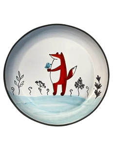 Тарелка ручной работы Ким керамика с бортиком Лис и птичка, белая, 17 см