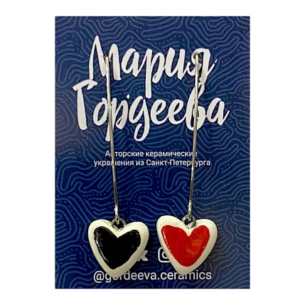 Серьги Мария Гордеева Сердечки, на длинной петле, керамика, чёрно-красные, фото 1.
