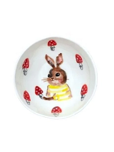 Пиала ручной работы Ким керамика с росписью внутри Зайка с мухоморами, белая, фарфор, 10 см