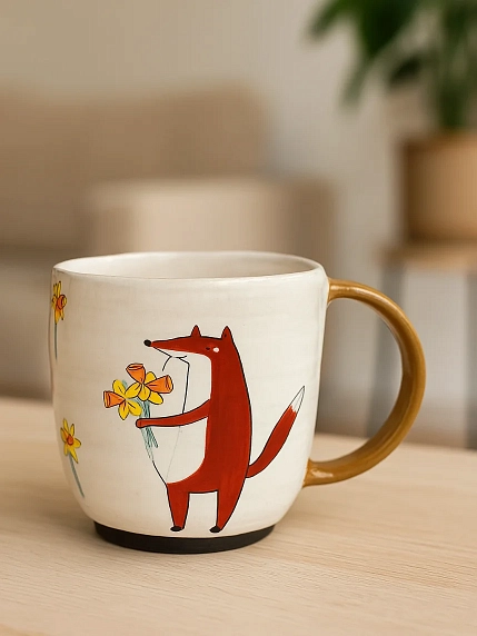 Кружка ручной работы Ким керамика с росписью Лис с нарциссами, 450 мл., белая, фото 2.