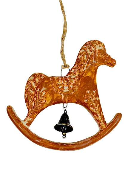 Подвес Мама Черепаха плоский керамический ручной работы «Лошадка-качалка с колокольчиком», коричневый, 13 см, фото 1.