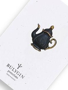 Брошь ручной работы Bulygin «Кофейник», фарфор, чёрно-золотистая