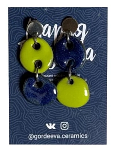 Серьги Мария Гордеева ассиметричные составные, керамика, зелёные с синим