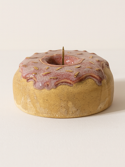 Подсвечник ручной работы «Пончик с розовой глазурью», керамика, фото 3.