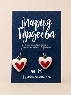 Серьги Мария Гордеева Сердечки, на длинной петле, керамика, красно-белые