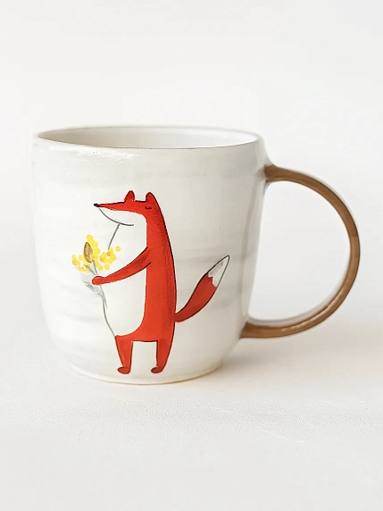 Кружка ручной работы Ким керамика с росписью Лис с мимозой, керамика, 450 мл, фото 1.
