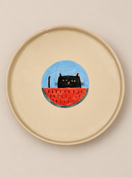 Тарелка ручной работы Коврижка «Кот с арбузом», керамика, 14,5 см, фото 1.