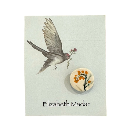 Брошь ручной работы Elizabeth Madar Оттиск трав, малый круг, оранжевый, керамика, фото 1.