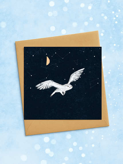 Квадратная зимняя сканди открытка «Летящая сова», фото 2.