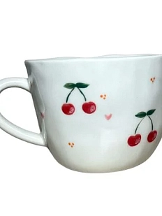 Кружка ручной работы Slowday Ceramics с вишнями и сердечками, полуфарфор, 400 мл