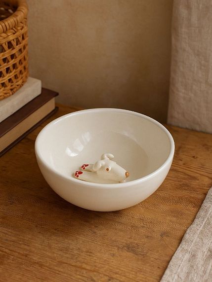 Пиала ручной работы с фигуркой внутри Собачка, белая, керамика, 10,5 см, фото 4.