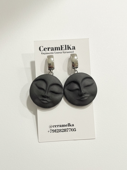 Серьги КерамЕлКа «Большие лица», фарфор, чёрные, матовые, фото 1.