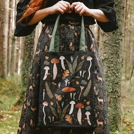 Сумка шоппер «Папоротники и грибы», чёрный, фото 3.