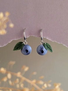 Серьги-конго «Голубика с листиком», полимерная глина
