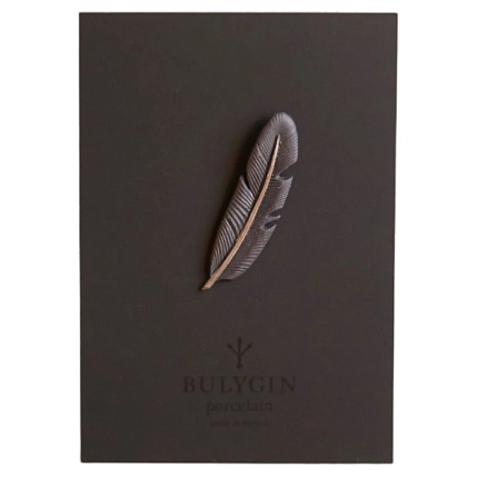 Брошь ручной работы Фарфор Булыгина «Перо», чёрно-серебристая, фото 4.