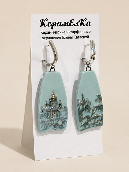 Серьги КерамЕлКа «Медный всадник», фарфор, мятно-серебристые, фото 2.