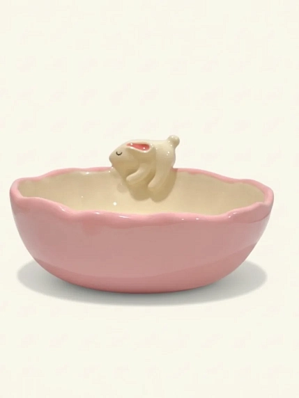 Глубокая тарелка ручной работы «Кролик», розовая, керамика, 15 см, фото 2.