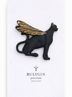 Брошь ручной работы Bulygin «Гепард», фарфор, чёрно-золотистая