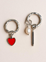 Серьги-конго с красный сердечком и жемчугом, родированная латунь, превью фото 1