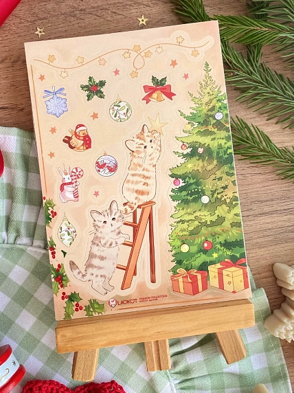 Стикерпак Лавкот новогодний «Котята, наряжающие ёлочку», А6, фото 1.