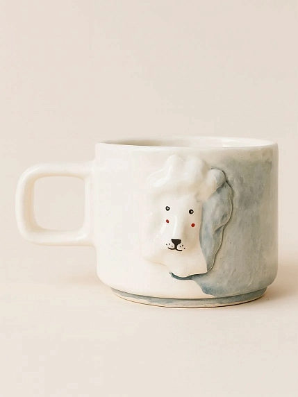 Кружка ручной работы Мария Гордеева с фигуркой «Лев», бело-серая, полуфарфор, 250 мл, фото 1.