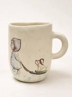 Кружка ручной работы НАДО ЖЕ с росписью «Девочка с собачкой на санках», белая, керамика, 300 мл