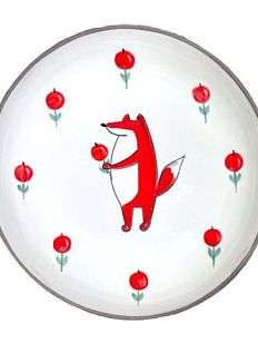 Тарелка ручной работы с бортиком Лис с клюквой, белая, 13 см
