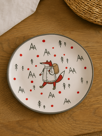 Тарелка ручной работы с бортиком Лис в горах, белая, 17 см, фото 2.