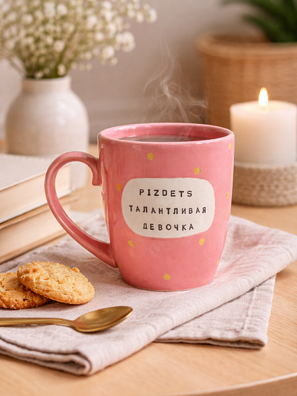 Кружка ручной работы NF ceramics «P*****s талантливая девочка», розовая, керамика, 400 мл, фото 2.