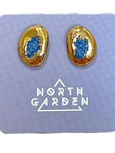 Серьги-гвоздики  ручной работы Жеода с позолотой, синий, фарфор