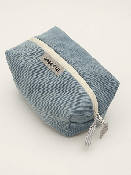 Джинсовая косметичка ручной работы с карманом Migette, размер S, голубая с полосатым подкладом, фото 1.