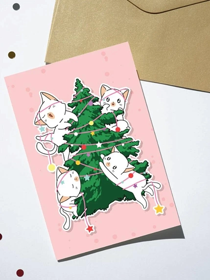 Открытка DARI DARI на Новый год «Котики на ёлке», А6, фото 1.
