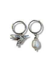 Серьги-конго «Колибри», родированная латунь, жемчуг