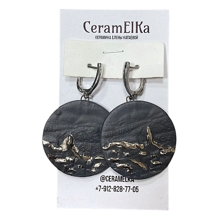 Серьги КерамЕлКа «Город», круглые, фарфор, чёрно-серебристые, фото 1.