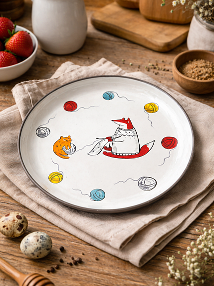 Тарелка ручной работы с бортиком Лис с вязанием, белая, 21 см, фото 2.