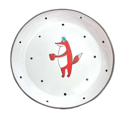 Тарелка ручной работы с бортиком Лис в горах с птичкой, белая, 17 см, фото 1.