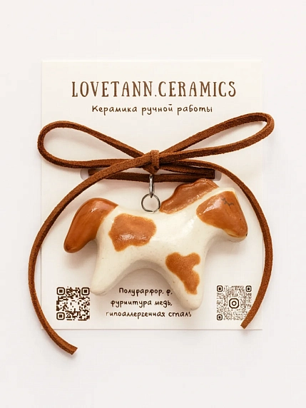 Чокер ручной работы Ловетанн керамика «Лошадка» с коричневыми пятнами, полуфарфор, фото 1.