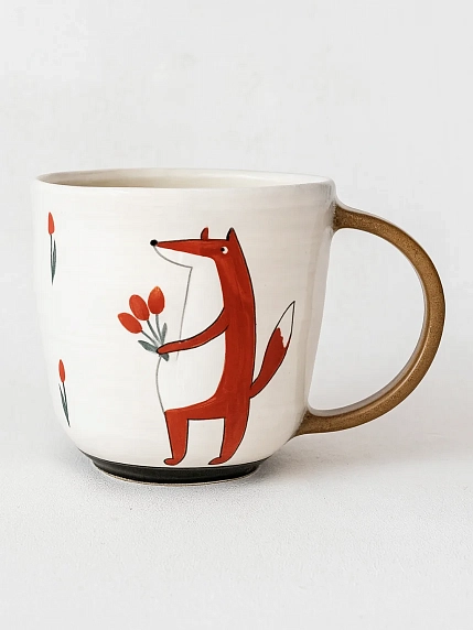 Кружка ручной работы Ким керамика с росписью Лис с тюльпанами, 500 мл., белая, фото 1.