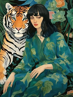 Постер интерьерный «Девушка и тигр», А3