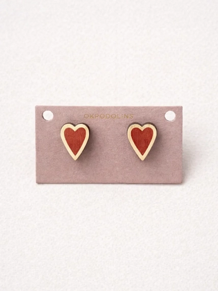 Серёжки-гвоздики ОКподолинс Сердечки, дерево, красно-золотистые, фото 2.