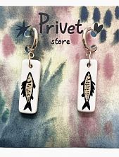 Серьги-конго ручной работы «Рыба», белый, керамика