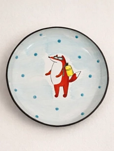 Тарелка ручной работы Ким керамика с бортиком Лис-дайвер, белая, 17 см